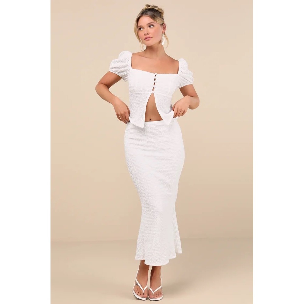 New Lulus Esma White Textured Knit Puff Sleeve Two-Piece Midi Dress Sz Small
